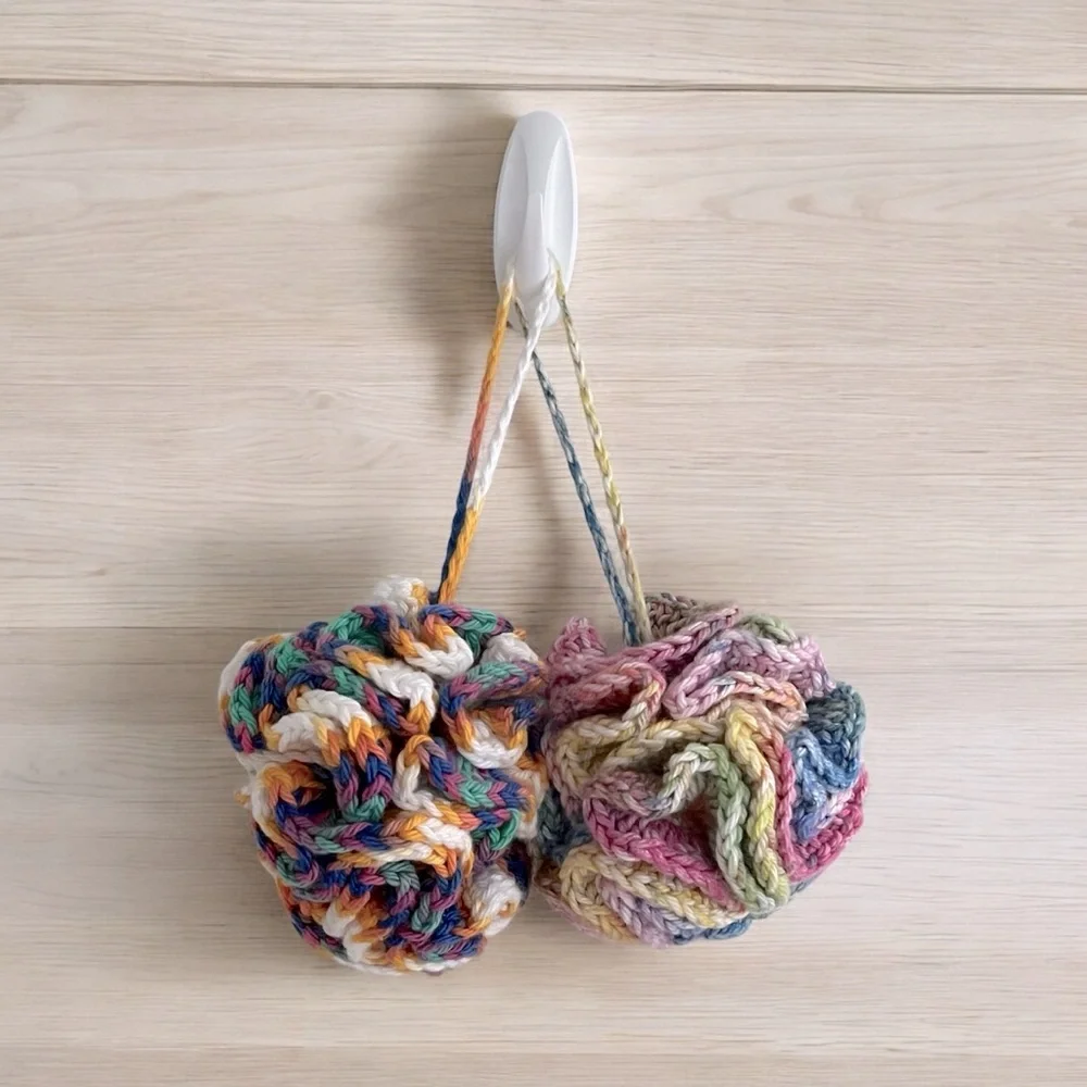 Set of 2 Crochet Pink/Yellow/Blue Eco-Friendly Bath Loofahs with Hanging Loop
